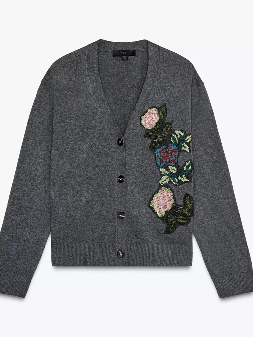 Zara Women's Dark Gray Floral Embroidered V-Neck Cardigan Sweater
